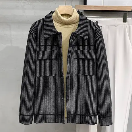 秋冬季毛呢夹克男短款呢子大衣韩版修身潮流条纹保暖冬装针织外套商品大图