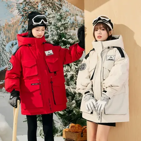 唐狮羽绒服女短款冬季新款新年红色外套爆款连帽工装派克服厚商品大图