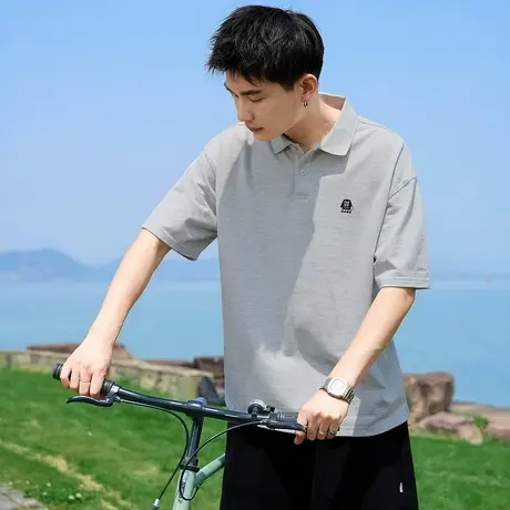 唐狮夏季新款男Polo衫宽松短袖翻领T恤简约灰色运动港风t恤潮图片