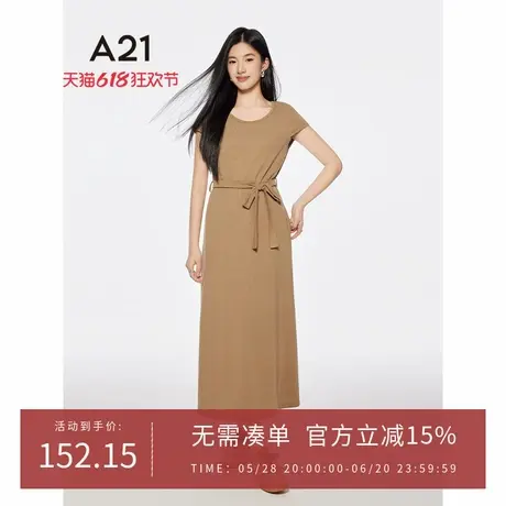 A21女装三色可选圆领包袖连衣裙2025夏季新款简约细带宽松腰A字裙图片