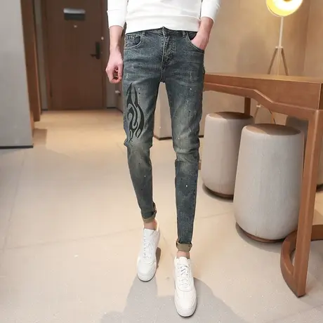 2023秋冬新款做旧泼墨小脚牛仔裤男修身显瘦铅笔裤子个性印花长裤商品大图
