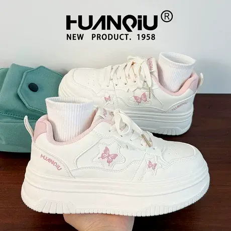 环球粉色可爱蝴蝶小白鞋女2025秋季新款爆款百搭厚底增高休闲板鞋图片