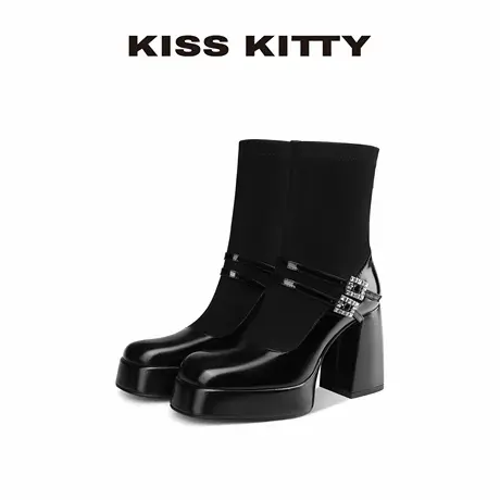 KISSKITTY2025秋季新款学院风玛丽珍短靴粗跟时装靴黑色牛皮女靴商品大图