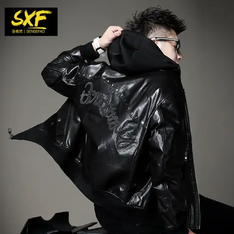 SXF圣希梵男士真皮皮衣 潮牌铆钉刺绣连帽夹棉外套山羊皮皮夹克男商品大图