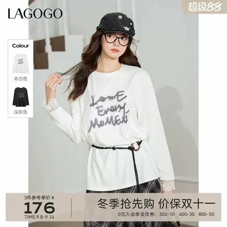 【保暖抗菌】LAGOGO蕾丝袖口T恤女拉谷谷2025年冬季新款长袖上衣图片