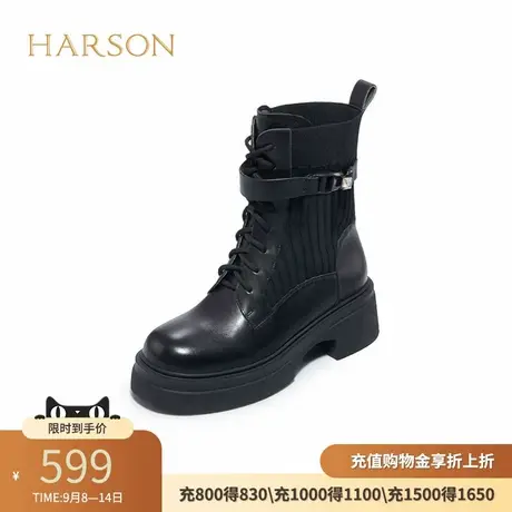 哈森秋季弹力袜靴女帅气个性机车厚底时装靴前系带马丁靴HA228803商品大图