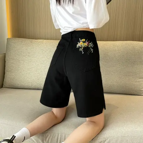 刺绣五分牛仔裤女2023年夏季新款高腰宽松显瘦ins百搭直筒短裤潮商品大图