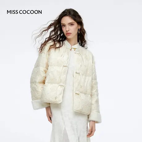 MISSCOCOON可可尼白色蕾丝外套女2025冬新款千金国风圆领短羽绒服商品大图