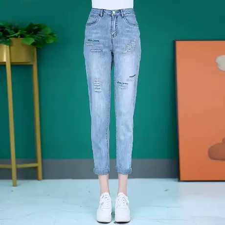 刺绣破洞烟管哈伦牛仔女弹力显瘦秋冬2025年新款九分小直筒老爹裤商品大图