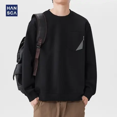 hansca300g重磅单边口袋撞色拼接卫衣男2025秋季新款宽松圆领上衣商品大图