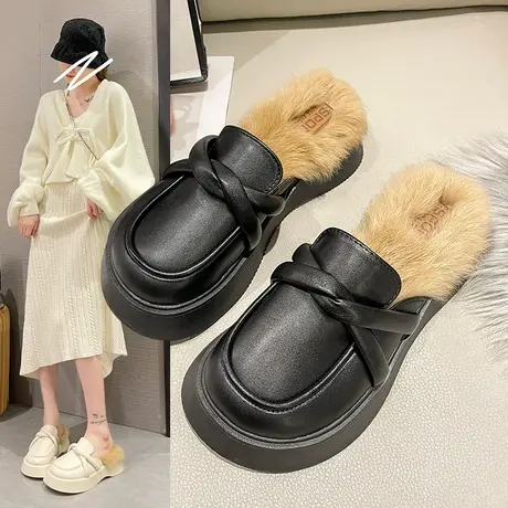 网红厚底包头半拖鞋女外穿2023新款秋冬季毛毛鞋毛绒拖穆勒鞋凉拖商品大图