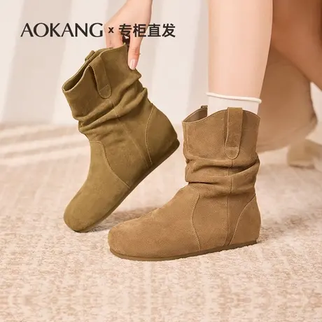 奥康复古短靴女2025秋平底堆堆靴粗跟骑士靴套筒西部中筒瘦瘦靴子图片