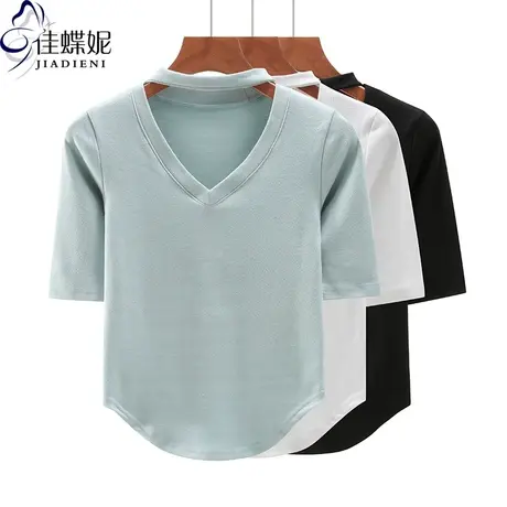 秋季新款V领性感纯欲纯棉纯色短款圆弧下摆中袖体恤上衣女打底衫商品大图