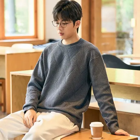 唐狮新款秋冬季圆领毛衣男针织衫肌理青少年宽松内搭打底衫潮TD图片