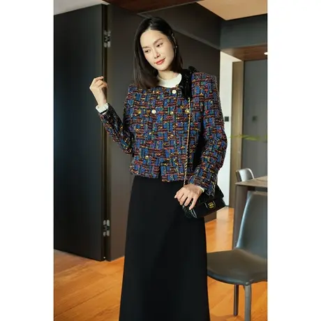 2023秋冬女装财阀千金编织彩色粗花呢气场双排金属扣小香风短外套图片