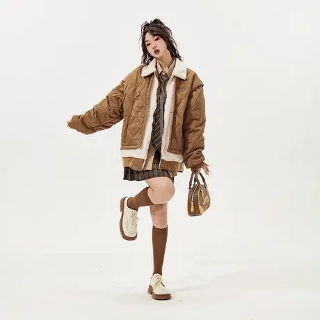 复古羊羔毛拼接棉服女夹棉冬天美拉德外套新款oversize绗棉棉衣商品大图