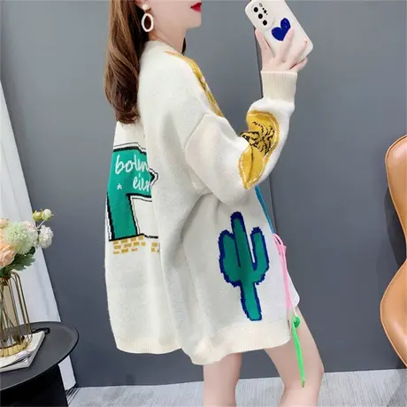 中长款V领针织开衫女秋季2022年新款韩版宽松慵懒风减龄毛衣外套商品大图