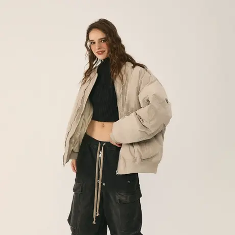 潮牌纯色立领棉服女冬季加厚棒球服外套新款复古宽松bf面包服棉衣图片