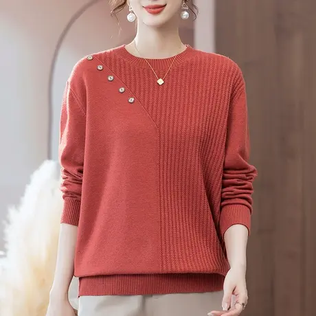 中年妈妈秋冬洋气毛衣宽松加肥加大码女装休闲圆领显瘦针织打底衫图片