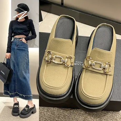 增高厚底乐福鞋2023新款松糕底包头半拖鞋女外穿秋季穆勒凉拖鞋子商品大图