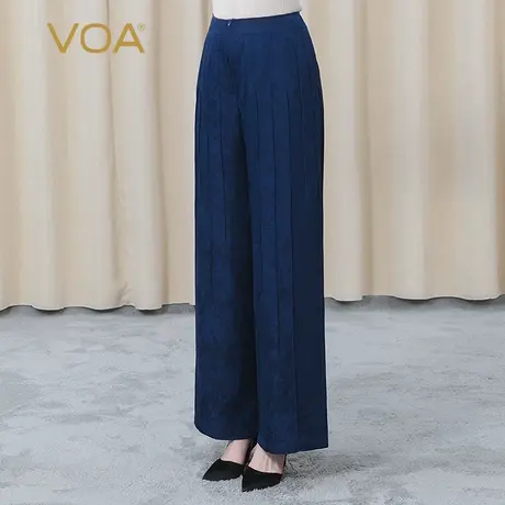 VOA真丝提花藏青色自然腰立体褶皱包边拉链宽松垂顺桑蚕丝阔腿裤图片