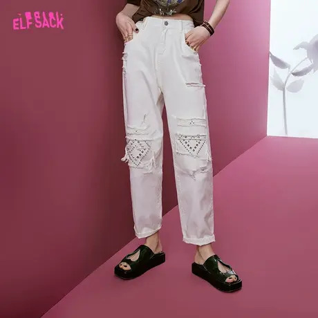 妖精的口袋贴布白色破洞牛仔裤女2023夏季新款直筒裤设计感烟管裤商品大图