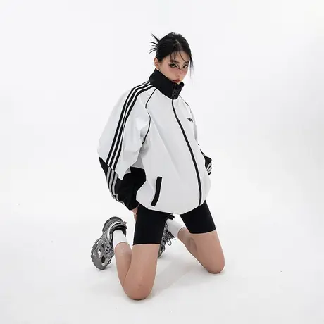 美式复古拼接女外套2023年新款春秋款潮牌宽松立领夹克上衣商品大图