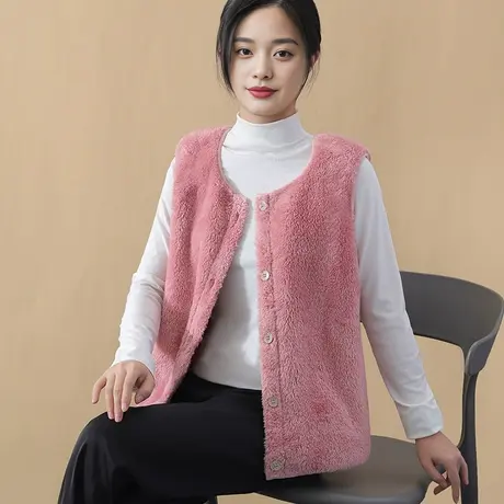 珊瑚绒保暖开扣背心马夹中年妈妈无袖马甲圆领秋冬商品大图