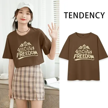 ZR真维斯短袖t恤咖啡色纯棉2023 夏季女装新款半袖流行简约女上衣商品大图