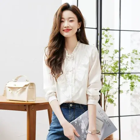 时尚气质甜美国风长袖衬衫2023年夏季新款淑女温柔显瘦通勤上衣商品大图
