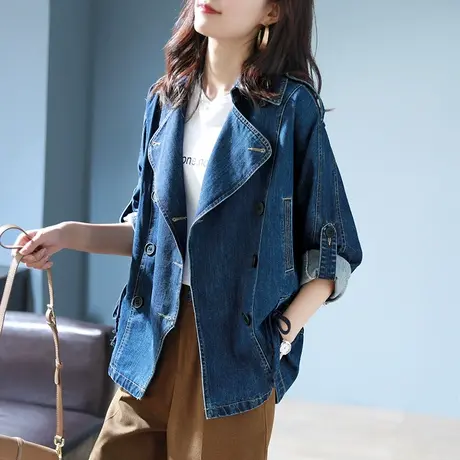 宝诗黎双排扣宽松外套女收腰落肩牛仔衣2025春季新款韩版复古上衣商品大图