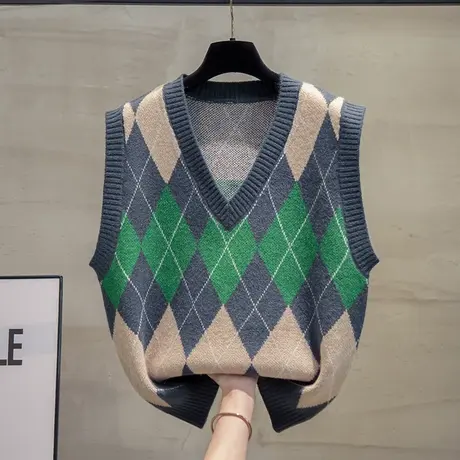 菱形v领针织马甲背心女2023秋装新款宽松马夹外穿上衣毛衣坎肩潮商品大图