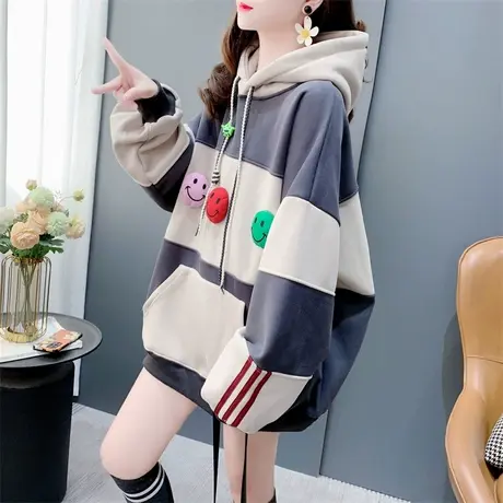 设计感拼色加绒加厚连帽卫衣外套女秋冬新款宽松洋气减龄休闲上衣图片