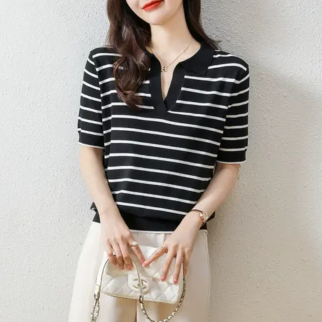 夏季女士v领短袖上衣宽松套头条纹针织衫韩版休闲条纹薄款打底T恤图片