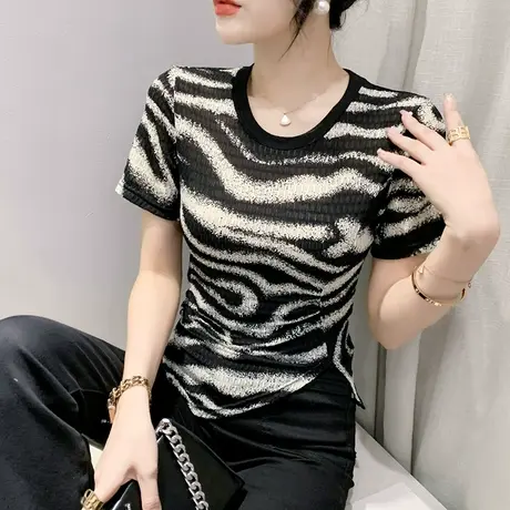 欧货开叉短袖T恤女洋气印花小衫性感网纱半袖不规则上衣设计感ins商品大图