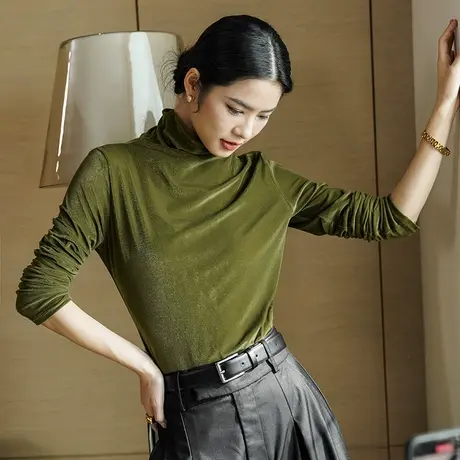 洋气时尚堆堆领丝绒打底衫秋季2023新款女装复古百搭长袖丝绒上衣商品大图