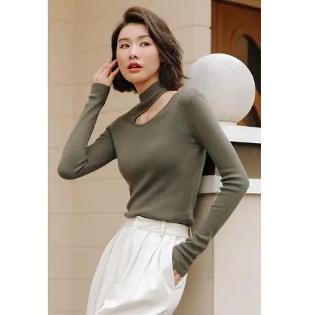 弥古半高领打底针织衫法式挖肩上衣女设计感春秋长袖修身内搭小衫商品大图