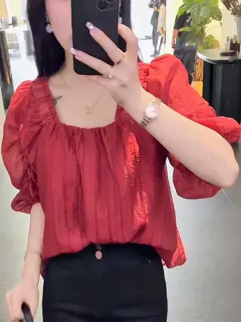 2023夏季ins法式减龄复古方领堆堆袖甜美小衫锁骨超仙百搭衬衫女商品大图