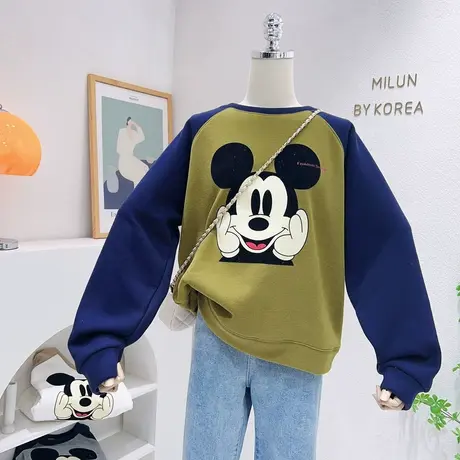 韩国东大门加绒厚卫衣22秋冬款复古慵懒设计感卡通拼色摇粒绒上衣图片