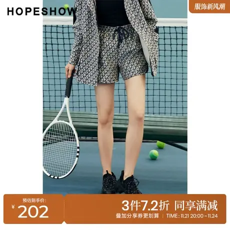 红袖outlets显瘦宽松休闲裤hopeshow2023秋款LOGO印花松紧腰短裤商品大图