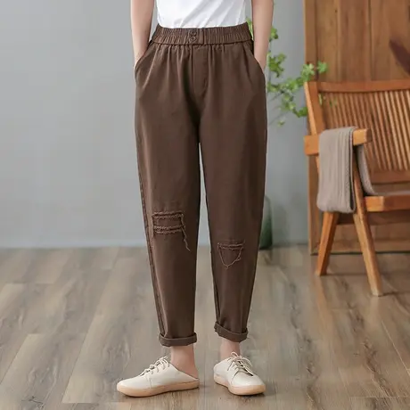 dza 高腰显瘦口袋破洞休闲裤子女士纯棉长裤宽松直筒裤收腿哈伦裤图片