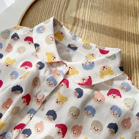 卡通印花娃娃领纯棉短袖衬衫女夏季日系文艺复古减龄学生半袖上衣商品大图