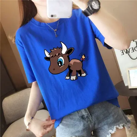 网红同款2024小牛印花短袖T恤女春夏新款宽松减龄圆领内搭上衣潮商品大图