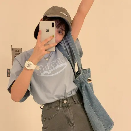 红续自制2023新款夏装字母宽松休闲百搭创意字母半袖短袖T恤女ins图片