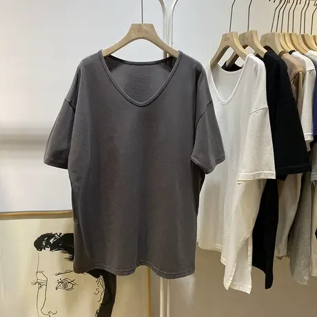 净色简约大气百搭光板V领套头t恤女随性慵懒宽松打底衫短袖上衣潮商品大图