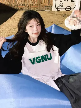 春秋撞色拼接长袖t恤女2023新款内搭底衫宽松胖mm大码女装上衣服图片