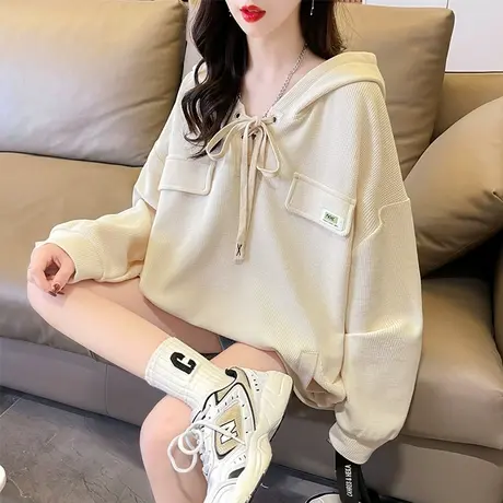 早春连帽卫衣女春秋韩版宽松设计感小众薄款小个子华夫格系带外套图片