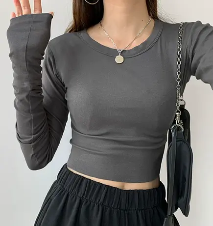 早秋短款T恤女春秋冬内搭高腰修身长袖打底衫韩版潮露脐上衣服ins图片