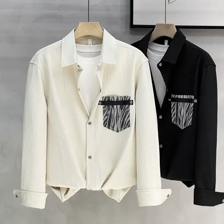 高级感美式休闲工装衬衫男衬衣外套春秋季潮牌男士长袖条纹寸衫商品大图