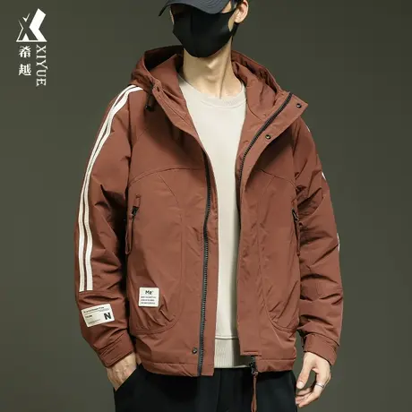 希越户外防水高级感男冬季新款连帽外套宽松大码男士工装条纹棉衣商品大图